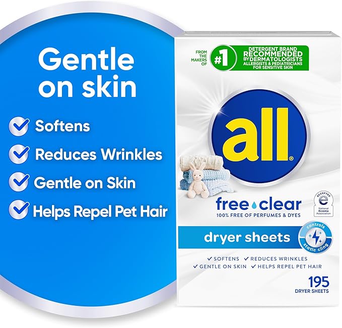 all Fabric Softener Dryer Sheets for Sensitive Skin, Free Clear, 195 Count