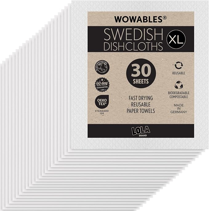 LOLA Wowables XL Swedish Dishcloths, 30 Reusable Eco Cleaning Cloths, 11" x 10", Ultra Absorbent Cellulose Sponge Towel, Compostable, Made in Germany