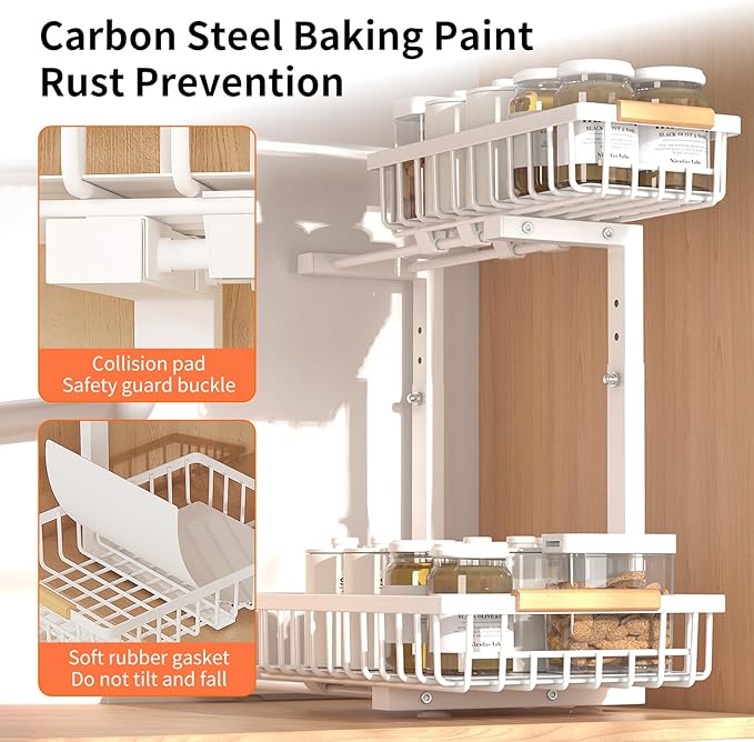 Under Sink Organizer, 2 Pack Under Sink Organizers and Storage, 2-Tier Pull Out Under Cabinet Organizer Storage Shelf, Metal Frame, Height Adjustable Rack for Bathroom Kitchen Pantry