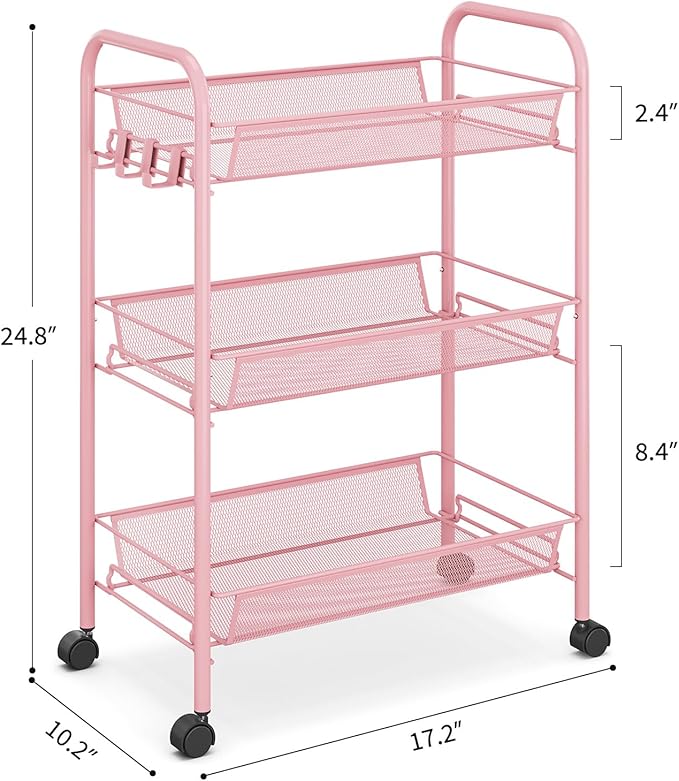 TOOLF 3 Tier Rolling Utility Cart - Durable Metal Design Pink Utility Cart, Storage Trolley on Wheels with 3 Hooks, Perfect for Kitchen, Bathroom & Laundry Room Organization