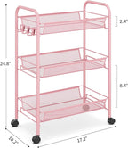 TOOLF 3 Tier Rolling Utility Cart - Durable Metal Design Pink Utility Cart, Storage Trolley on Wheels with 3 Hooks, Perfect for Kitchen, Bathroom & Laundry Room Organization