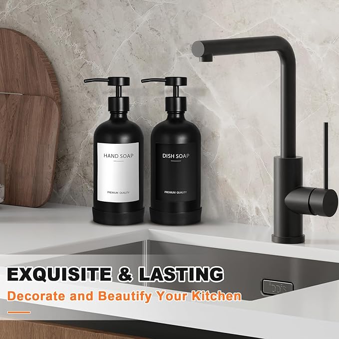 Black Glass Soap Dispenser with Stainless Steel Pump, 16.9 Fl oz Soap Dispenser Set for Kitchen, Matte Black Hand Dish Soap Dispensers for Kitchen and Bathroom, Lotion Dispenser Bathroom Decor