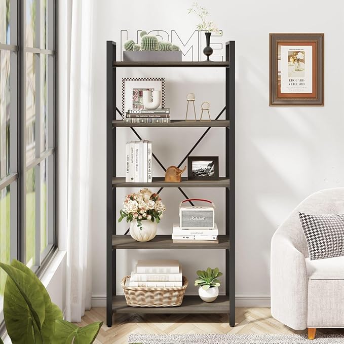 FATORRI 5 Tier Industrial Bookshelf, Rustic Etagere Bookcase for Display, Vintage Shelving Unit Wood and Metal Tall Book Shelves for Home Office (Walnut Brown)