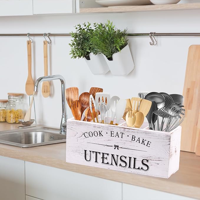 Kitchen Utensil Holder for Counter or Countertop, Extra Large Wood Organizer with 4 Compartments, Wooden Storage for Cooking and Silverware, Rustic Minimalist Decor, Sturdy Utensil Crock-White