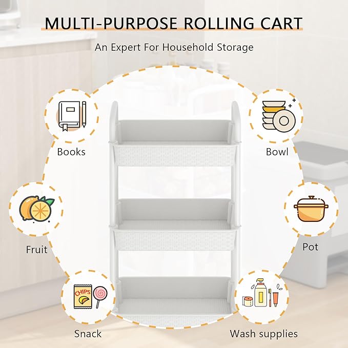MOYIPIN 4-Tier Plastic Rolling Utility Cart with Handle,Utility Storage Cart for Office, Living Room, Kitchen,Movable Storage Organizer Shelves,White
