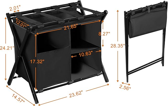 Heybly Luggage Rack with Laundry Bag,Steel Folding Suitcase Stand for Bedroom, Hotel, Foldable Steel Frame, Guest Room Bedroom Hote, 23.62" L x 15.57" W x 24.21" H, Black,HLR006B1