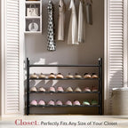 Bumusty 4-Tier Expandable Shoe Rack for Closet, 18“-33” Adjustable Shoe Rack for Small Space, Small Shoe Organizer for Front Door, Sturdy Metal, Black