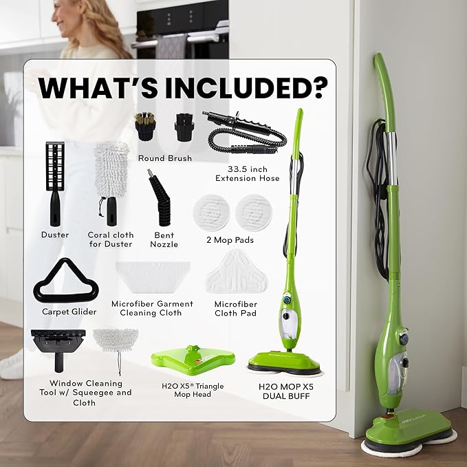 H2O X5 Dual Buff Steam Mop, 8 in 1 Handheld Steam Cleaner For Kitchen Tile Floors, Hardwood Floors, Grout Cleaner, Upholstery Cleaner and Carpets, 2 washable scrub pads, 11 cleaning accessories