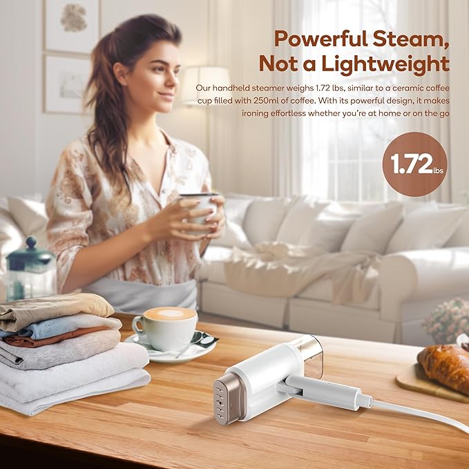 Newbealer Dual Voltage Garment Steamer - 120V/220V, 1200W Powerful Steamer for Clothes, Home & Travel Use, Horizontal & Vertical Steaming, 20s Heat-up, Foldable, 1.72lbs, 180ml (Gold)
