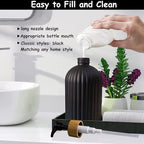 Black Glass Soap Dispenser Set with Bamboo Pump, 13.5oz Refillable Liquid Hand Soap Dispenser, Lotion Dish Soap Dispenser for Modern Home Decor, Bathroom, Kitchen Countertop, Hotel(2 Pack)