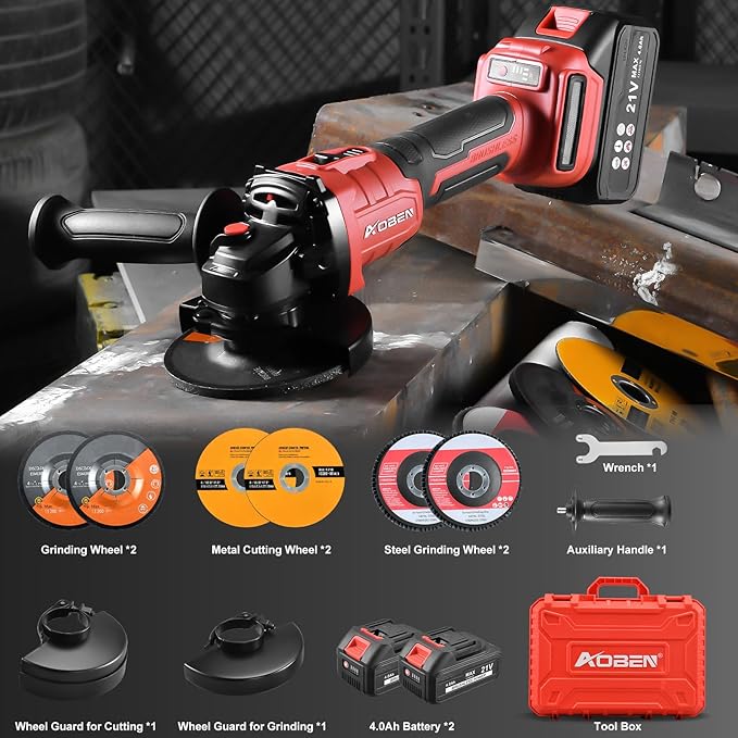 AOBEN Cordless Angle Grinder 4-1/2 inch, 21V Battery Grinder Tool, Power Electric Grinders, Brushless Motor, 2x4.0Ah Battery & Charger, for Cutting, Grinding, Polishing