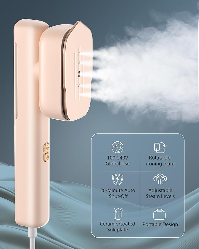 Portable Travel Steamer Handheld Garment Steamer with 15s Heat Up, Dual Voltage 100-240V, Lightweight Design, Horizontal & Vertical Steaming, Ideal for Home, Office, and Worldwide Travel