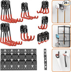 TORACK 24 PCS Garage Storage Hooks with Tracks, Wall Mount Tool Organizer for Garden Tools, Ladders, Cords, Folding Chairs, Shovels and Rakes, Shelving Hooks for Keyhole Style Shelving Units