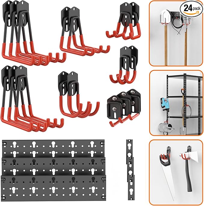 TORACK 24 PCS Garage Storage Hooks with Tracks, Wall Mount Tool Organizer for Garden Tools, Ladders, Cords, Folding Chairs, Shovels and Rakes, Shelving Hooks for Keyhole Style Shelving Units