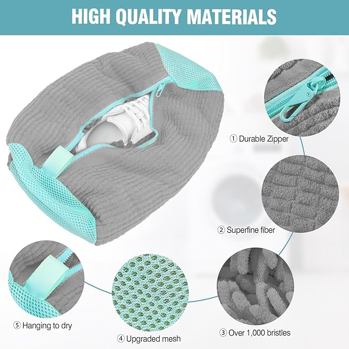 Shoe Washing Machine Bag, 2 Pack Grey Laundry Shoe Bags for Washer and Dryer, Sturdy Zipper with Hook Design, Dry Net Bag Included, Reusable for Sneaker, Gray 2PCS