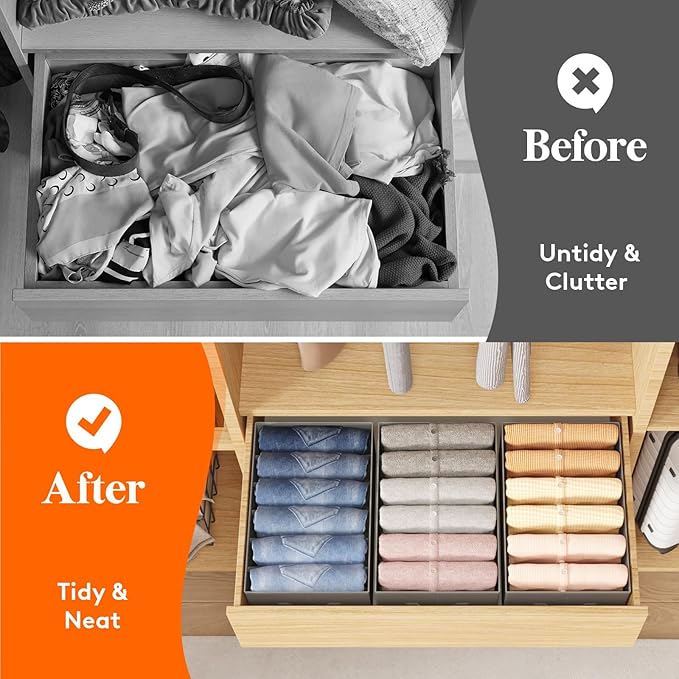 Lifewit 3 Pack Clothes Organizer, 6 Grids Closet Jean Storage Bins with Handles and Support Boards, Foldable Drawer Organizer for Sweater, Pants, T-shirt, Dress, Grey, Size 16.5''x10.6''x7.1''
