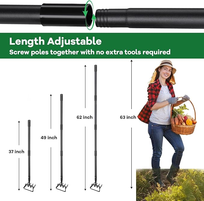Garden Hoe, 62 Inch Weed Tool, Long Soil Tiller Cultivator, Heavy Duty Metal Stirrup Hoe Weeder Scraper Rake for Flower Beds, Patio, Garden Loosening Soil Weeding Digging