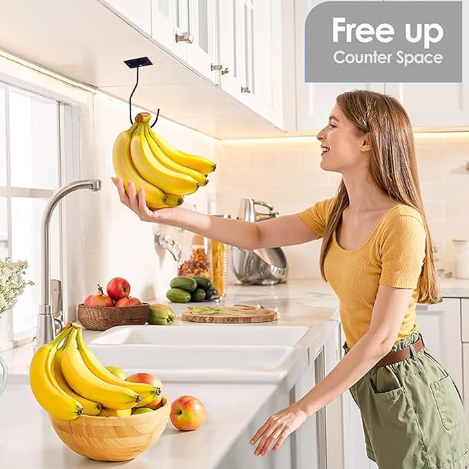 Self-Adhesive Banana Hooks, Foldable Magnetic Hanger Under Cabinet, Sturdy Metal Banana Holder for Kitchen, Space-Saving Design to Keep Bananas Fresh 4 Pieces Black