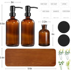 Kitchen Soap Dispenser Set with Wood Riser Tray, Amber Glass Soap Dispenser with Stainless Steel Pump, Hand and Dish Soap Dispenser Set for Kitchen, Soap and Lotion Dispenser Bathroom Decor(Amber)