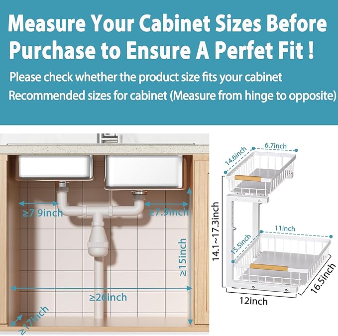 Under Sink Organizer Storage 1 pack, 2 Tier Slide Out Height Adjustable Pull Out Cabinet Organizer Drawers, Kitchen Bathroom Large Capacity Metal Under Sink Rack Caddy Basket Shelves, White