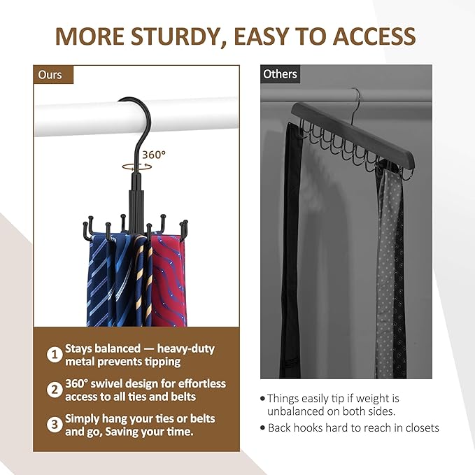 ZEDODIER Tie Hanger for Closet, 2 Pack Rotatable Tie Organizer for Men with 16 Hooks, Heavy Duty Space Saving Tie Rack for Ties and Belts, Black