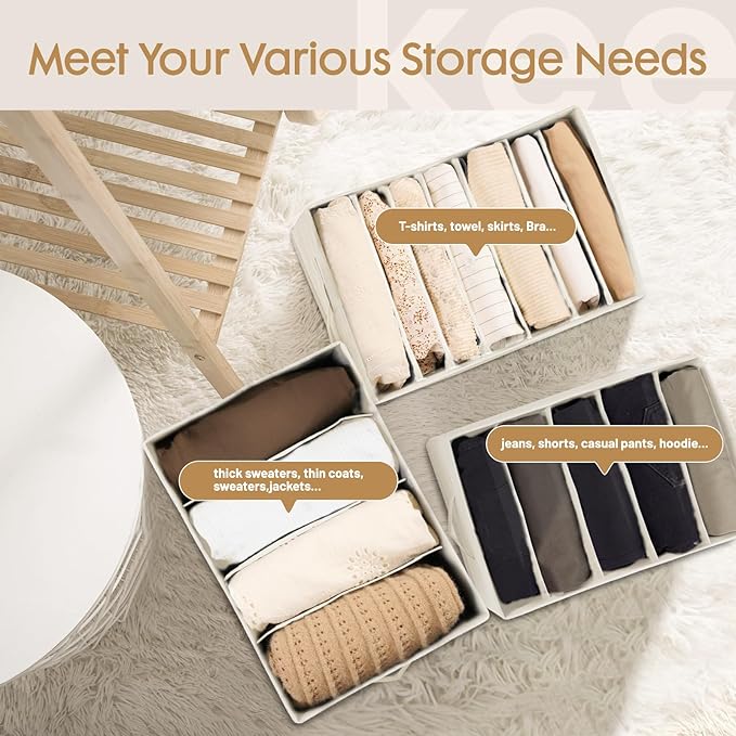 Criusia 6 Pack Large Clothes Organizer, Wardrobe Closet Organizer and Storage with Handles, Foldable Fabric Closet Organizers Dividers for Clothing, Pants, Jeans, Sweater, T-shirts, Beige