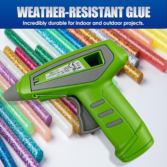 Cordless Hot Glue Gun Kit Includes 30 Hot Glue Sticks, Switch with 10W Drip-proof Design with 15-Second Fast Heating, Suitable for DIY Crafts, Fabric, Wood & Home Repairs(Green)