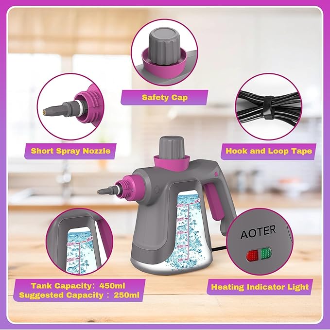 Pressurized Handheld Steam Cleaner, Portable Multi-Surface Cleaner for Home, Multipurpose Steam Cleaner for Tile, Grout, Windows, Bathroom, with 12pcs Accessories (Grey)