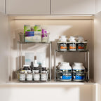 Delamu 2 Sets of 2-Tier Clear Under Sink Organizers and Storage, Multi-Purpose Stackable Bathroom Cabinet organizers, Grey