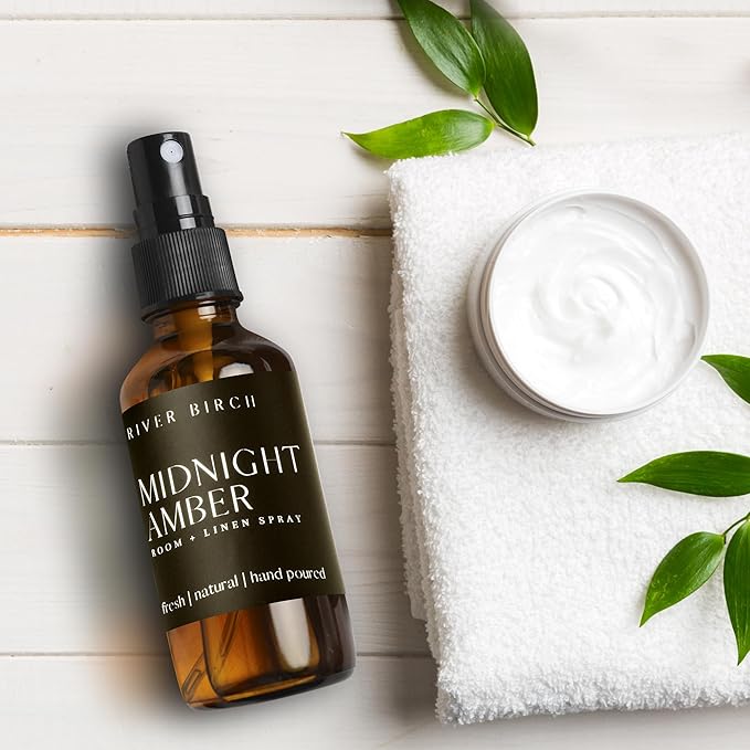 River Birch Luxury Linen and Room Spray - Midnight Amber Home Signature Scent - Room Fragrance Spray - Fragrant Fresh Linen Air Freshener For Bedding - Handmade in Texas - 4 oz Glass Amber Bottle