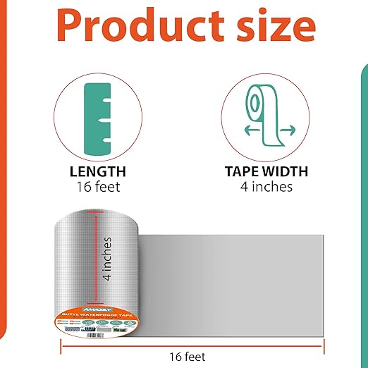 Premium 4in x 16ft Butyl Waterproof Tape - Duct Pipe Sealant Tape Repair Seal Leak Pipe Aluminium Rubber Sealer Window Silicon Metal Silicon Sealing Adhesive Roof