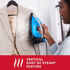 Sunbeam Steammaster Steam Iron, 1400 Watt, Large Anti-Drip Stainless Steel Nonstick Soleplate with 8' Retractable Cord, Horizontal or Vertical Shot of Steam and 3-Way Auto Shut-Off, Black/Blue