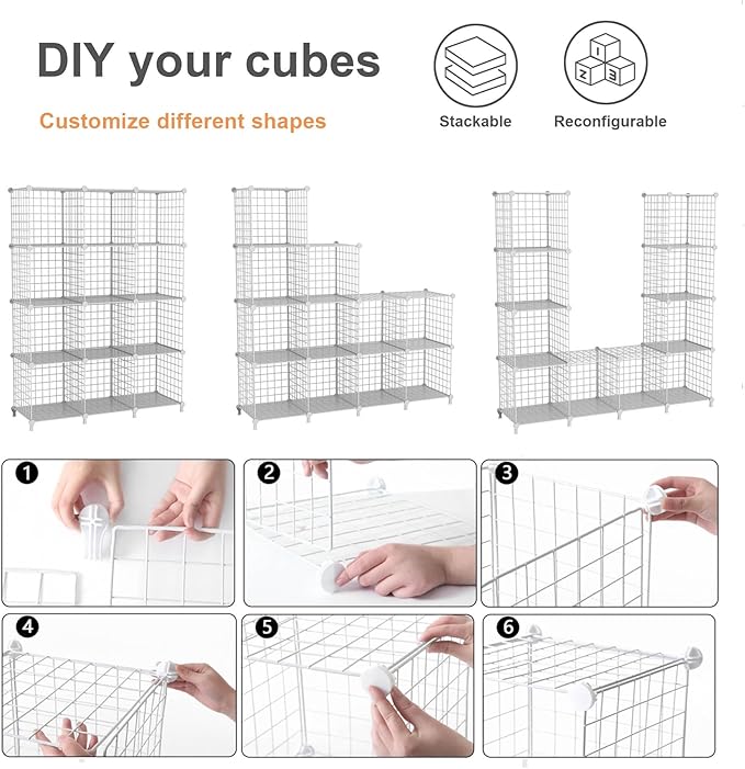 12-Cube Storage Organizer, Metal Wire Cube Shelving Unit, 11.8" L x 11.8" W x 11.8" H, Modular Grid Bookshelf for Closet, Bedroom, Office, White ATTJL12W