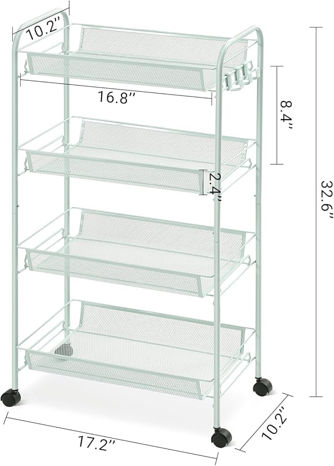 TOOLF 4-Tier Rolling Cart, Metal Utility Cart with 3 Hooks, Easy Assemble Mobile Storage Trolley On Wheels, Metal Shelving Units Kitchen Bathroom Laundry Room
