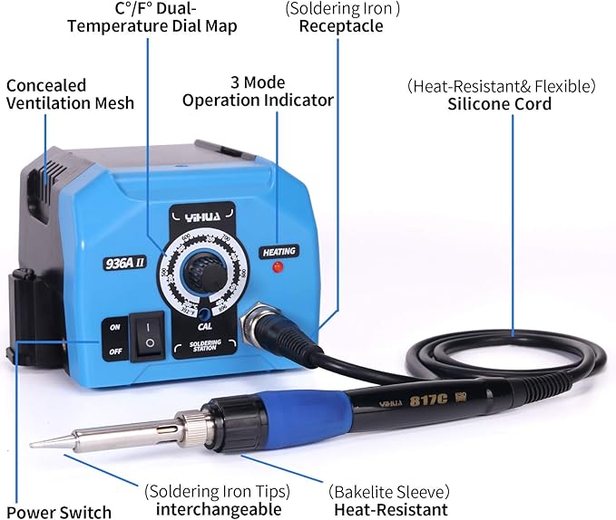 YIHUA 936A II Soldering Iron Station Kit, 65W with Intelligent Working Light. Easily Adjustable from 392℉～896℉. With Plug-in Iron Handle, a Solder Iron Stand, Solder Wire & 5 extra Solder Tips.