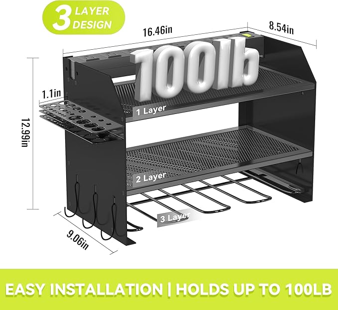Heavy Duty Drill Holder & Power Tool Organizer Wall Mount, Metal Cordless Tool Organizer for Cordless Drill, Accessory Holder Rack (3L4D WITH CHARGING STATION (BLACK), With Charging Station)