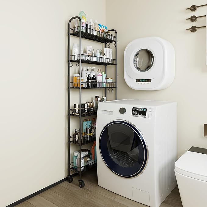 6 Tier Slim Storage Cart with Wheels, Metal Mobile Shelving Unit Organizer Utility Cart for Office Bathroom Kitchen Laundry Room Narrow Places (6inches)