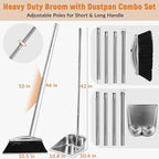 VOOWO Broom with Dustpan Combo Set, 46" Stainless Steel Broom and Dustpan Set for Home, Heavy Duty Dust Pan with Long Handle, Broom for Sweeping Indoor and Outdoor, Kitchen Broom and Dust Pan (Black)