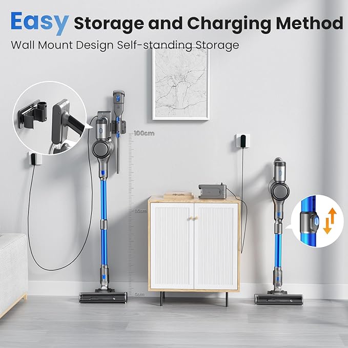 Dzaki S9X Vacuum Cleaners for Home,400W 45KPa Cordless Stick Vacuum Cleaner,Up to 55 Mins Runtime,Smart Induction Auto-Adjustment,Rechargeable Battery Vacuum Cordless for Carpet Floor Pet Hair(Navy)