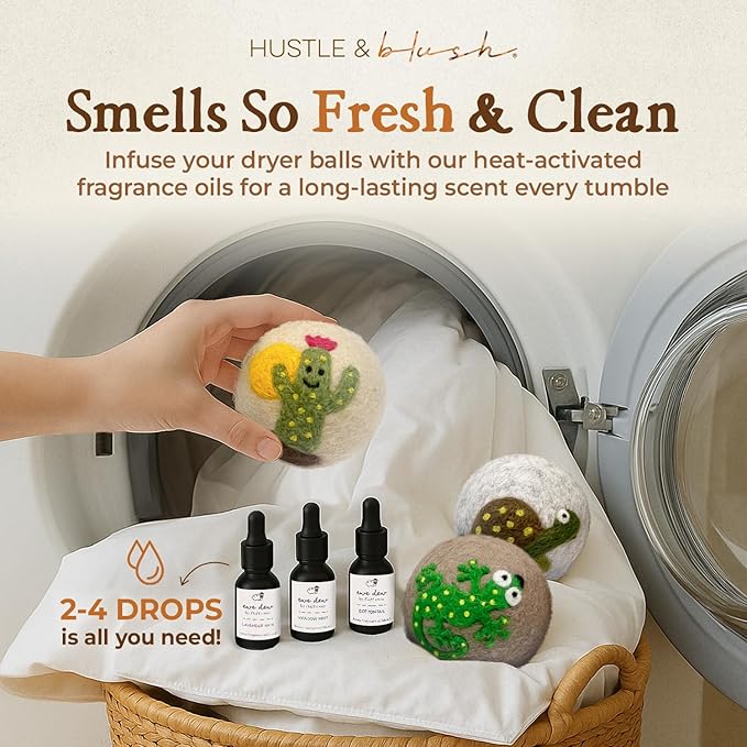 Hustle & Blush Fluff Ewes Wool Dryer Balls 6 Pack - XL Kiss My Cactus Premium New Zealand Laundry Set, Reduces Drying Time, Static Control, Chemical Free, Ideal Holiday Gifts for Women & Men