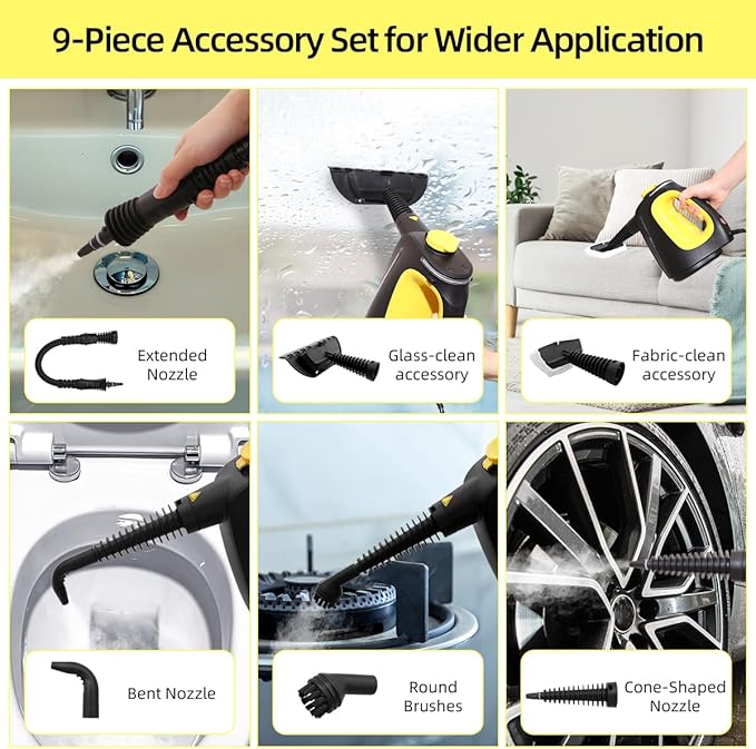 Handheld Steam Cleaner 1350W High Power with 9 Piece with Safety Lock Multi-Purpose Steamer for Home Use Multi-Surface Natural Steam Cleaner for Furniture,Upholstery, Car, Floor