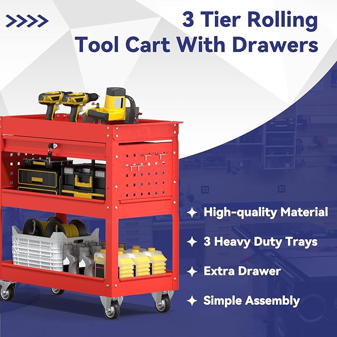 3 Tier Rolling Tool Cart with Drawer, 450 LBS Heavy Duty Utility Cart on Wheels, Service Cart for Garage, Workshop and Warehouse (Red)