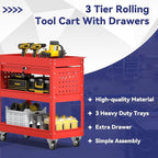 3 Tier Rolling Tool Cart with Drawer, 450 LBS Heavy Duty Utility Cart on Wheels, Service Cart for Garage, Workshop and Warehouse (Red)