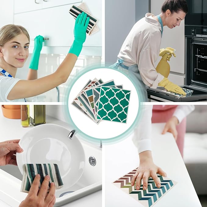 Swedish Kitchen Dish Cloths - 6 Pack Reusable Paper Towels for Counters & Dishes - Eco Friendly Cellulose Sponge Cloth - Assorted (Stripes + Lattice)