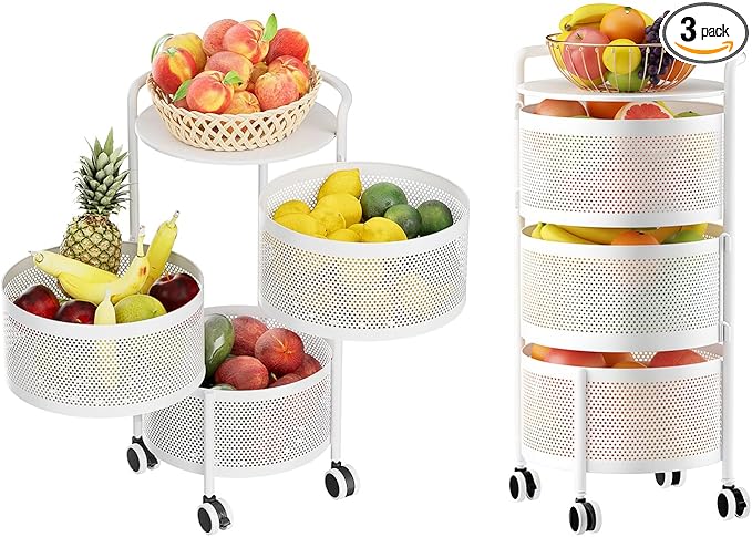 Vegetables Storage Basket, Rotating Storage Shelves Basket Carts Rack Organizer Bin on Rolling Wheels in Kitchen Household for Fruits Grocery Corns Potatos-(3-tier,White)