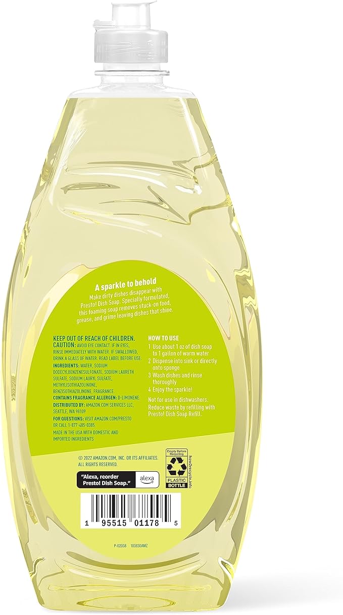 Amazon Brand – Presto! Dish Soap, Lemon Scent, 30 fl oz, Pack of 2