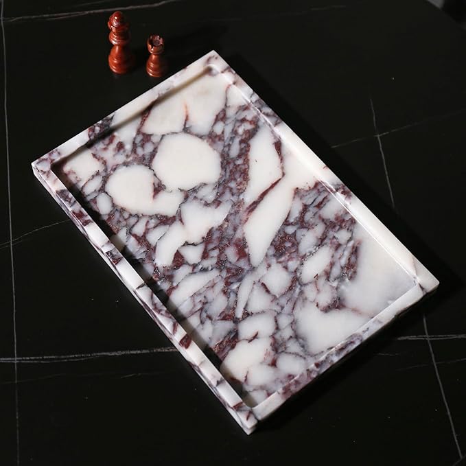 Real Luxurious Natural Marble Vanity Tray Genuine Marble Storage Tray for Home Decor Stone Tray for Bathroom/Kitchen/Vanity/Dresser Non-Resin/Non-Ceramic/Viola Tablet Set