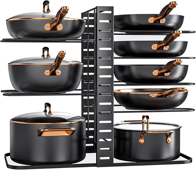 MUDEELA Pots and Pans Organizer Rack under Cabinet 14.55in Height, 8-Tiers Adjustable Pot Rack with 3 DIY Methods, Pot Lid Organizer inside Cabinet for Kitchen Pantry Organization and Storage