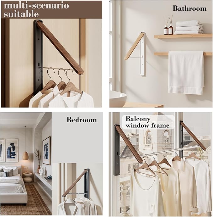 Retractable Wall Mounted Drying Rack - Foldable Clothes Hanger in Walnut or Oak Color for Laundry Room, Closet & Balcony (Walnut, 1 Rack)
