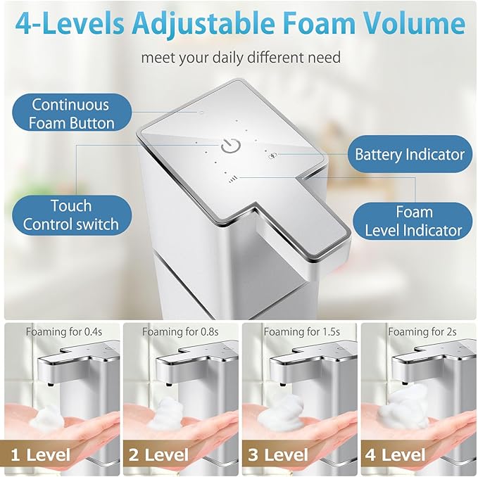 Automatic Foaming Soap Dispenser Touchless 380ml/12.8oz Rechargeable Hand Soap Dispenser Wall Mounted 4 Levels Adjustable Foam Soap Pump for Bathroom Kitchen Dish Soap